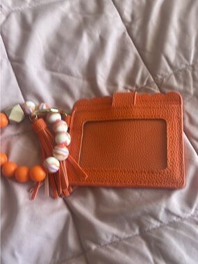 Orange Leather ID Card Holder with Beaded Tassel Charm